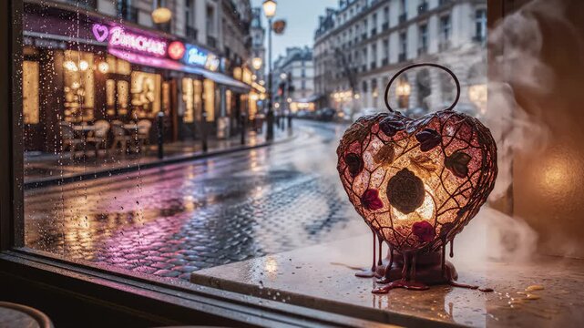 Heart Shaped Candle Decoration With Cafe View and Raindrops on the Window