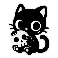 cute black cartoon cat hugging skull, playful gothic animal illustration isolated on white background with spooky humor concept.