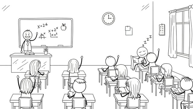 Stick Figure Classroom Scene: Teacher at Whiteboard, Students Learning and Sleeping