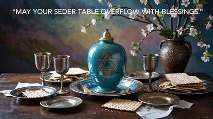 Inspirational Seder Blessing Text Over Table with Sunset View