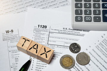 Concepts related to taxes, tax season, personal income tax, corporate income tax, financial research, documents, reports, and calculations.