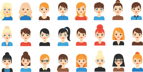 A comprehensive flat vector illustration set featuring diverse female avatars and profile portraits with various hairstyles, hair colors, and modern fashion styles. © MstBabli