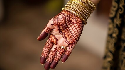 Intricately designed henna painted hand with gold jewelry