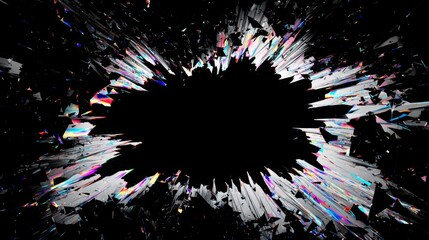 chaotic glitch explosion at corners, shards flying outward, black space