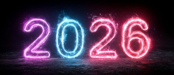 Colorful glowing 2026 text with vibrant neon energy effect