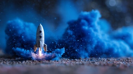 Rocket Launching Through Smoke into Starry Sky