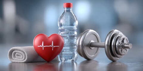 Fitness concept with dumbbell, heart, and water bottle