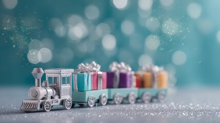 Miniature Christmas train carrying festive gift boxes