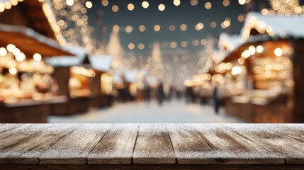 Wooden table at snowy Christmas market evening