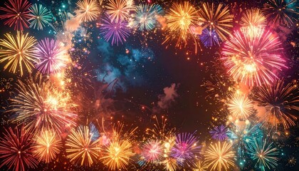A vibrant frame of colorful fireworks illuminating the dark night sky.
