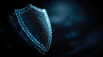 Abstract digital shield made of glowing blue particles on a dark background. symbolizing data protection and cybersecurity in a dark, abstract space.