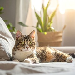A tabby cat, with green eyes, lies comfortably on a bed, bathed in sunlight. A plant sits in a woven basket in background