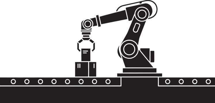 Black robotic arm picking up box on conveyor belt with circles industrial robot automation 3