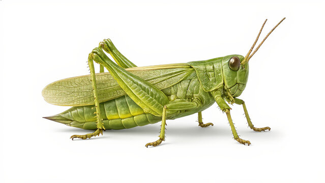 Green grasshopper isolated on white background, highly detailed realistic insect with clean cut out for design and educational use.
