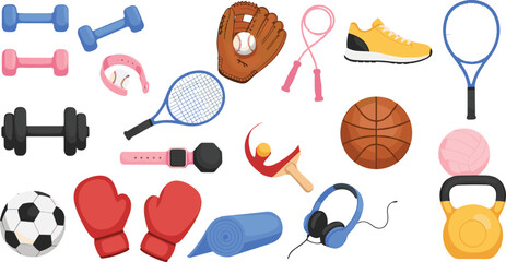 Comprehensive fitness and sports equipment vector set featuring dumbbells, boxing gloves, tennis rackets, soccer ball, basketball, gym accessories, yoga mat, and kettlebell for healthy lifestyle. © MstBabli