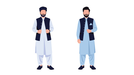 Two men dressed in traditional shalwar kameez with waistcoats representing South Asian cultural fashion and heritage.