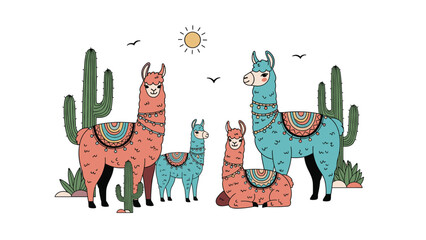 Obraz premium Adorable family of colorful llamas stands together peacefully in a bright desert landscape filled with tall green cacti plants.