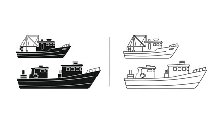 Obraz premium black and white illustration of multiple fishing boats and vessels in a row