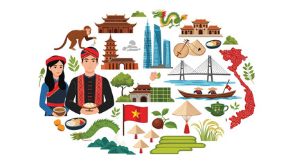 Fototapeta premium Circular collection of Vietnamese cultural icons traditional landmarks national food and people in folk costumes.