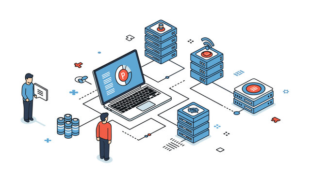 Modern isometric illustration of a computer network system connecting people data servers and global information.
