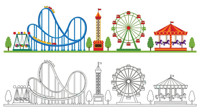 an illustration showcasing a colorful amusement park with roller coasters and carnival rides