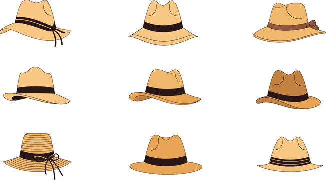 Straw hat collection vector illustration set featuring summer beach headwear, casual fashion accessories, and stylish woven hats isolated on white background
