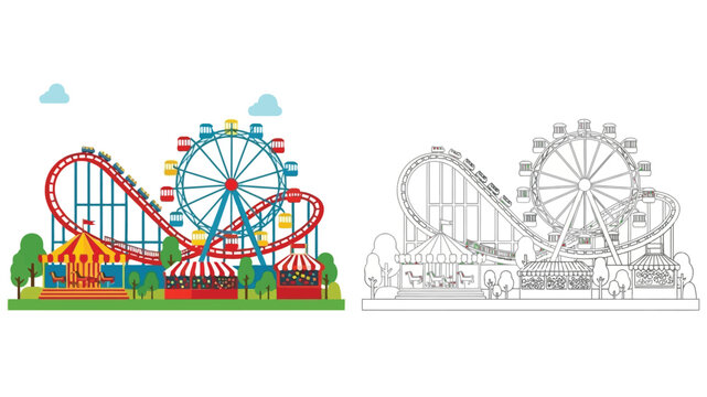 amusement park illustration featuring a roller coaster and a colorful ferris wheel