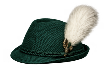 Traditional green tyrolean hat with a white feather decoration and braided cord band, representing bavarian culture and oktoberfest costumes