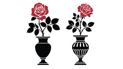 Obraz premium Two red roses in black and white vases on a plain background