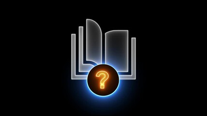 A detailed neon blue illustration of an open book with a central question mark, ideal for representing documentation, libraries, or educational tutorials.