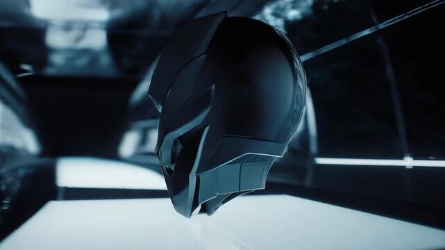 A futuristic robotic mask sits on white paper in a dark industrial setting with metallic walls and background lights