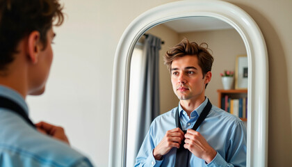 Young man adjusting tie while looking in mirror at home  