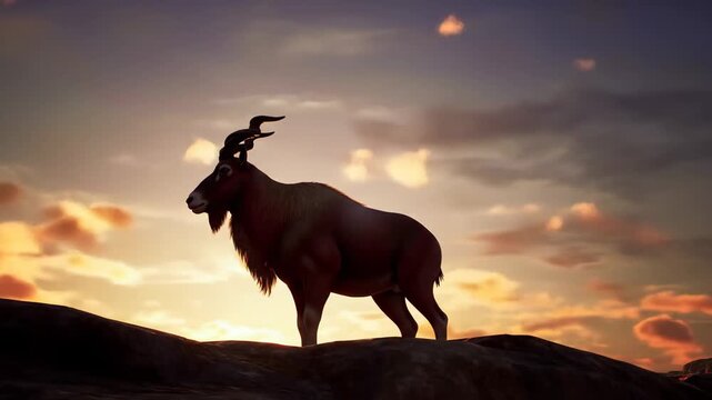 Markhor mountain goat stands silhouetted against sunset sky, wild animal. Nature wildlife concept.