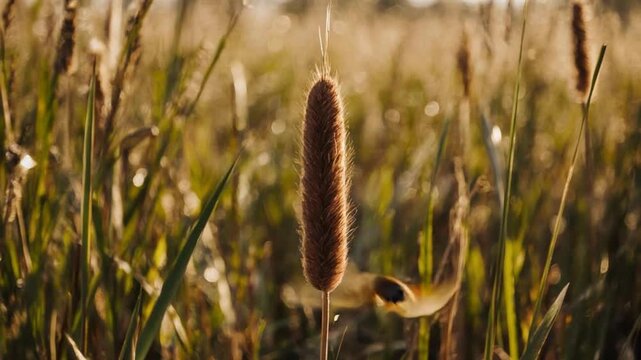 A single cattail plant sways gently in the breeze against a serene natural backdrop of a sunny wetland or lake shore