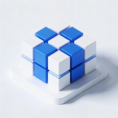 3D Blue and White Cube Puzzle on White Base