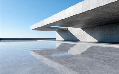 Modern concrete architecture with reflective water surface under clear sky