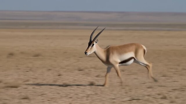 Springbok antelope running across arid desert landscape.