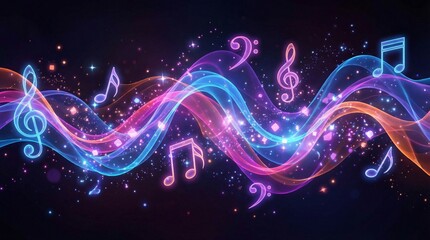 Vibrant abstract digital artwork of flowing neon light waves intertwined with colorful musical notes