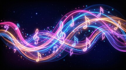 Vibrant abstract digital artwork of flowing neon light waves intertwined with colorful musical notes