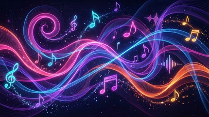 Vibrant abstract digital artwork of flowing neon light waves intertwined with colorful musical notes