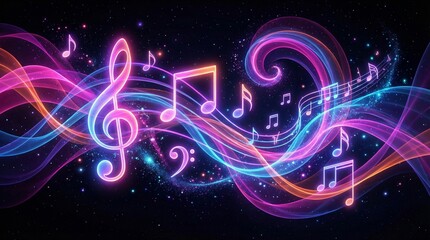 Vibrant abstract digital artwork of flowing neon light waves intertwined with colorful musical notes