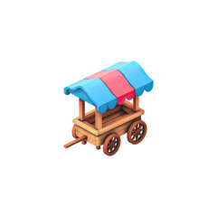 Cartoonish, wooden cart with awning and wheels, suitable for various digital environments