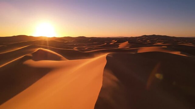 Golden Desert Sunrise Over Sand Dunes, Sahara Camel Trek Landscape