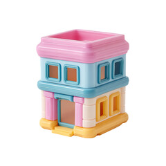 A colorful, two-story toy building with a flat roof and multiple windows