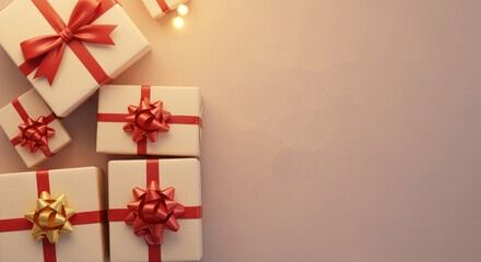 Top View of Present Boxes with Red Ribbon for Birthday Celebration.