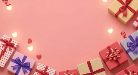 3D Render of Gift Boxes and Hearts with Copy Space for Text.