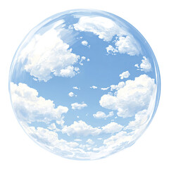 A circular illustration of a bright blue sky filled with fluffy white clouds, realistic