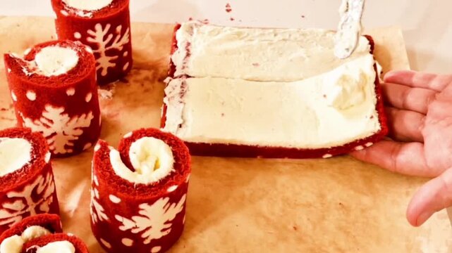 Hands rolling red velvet cake with white snowflake pattern and cream filling