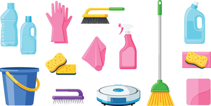 House cleaning supplies and tools collection vector illustration set featuring detergents, gloves, mop, bucket, sponge, and household cleaning equipment
