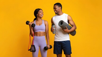 A man and woman in sports attire smiling at each other against a yellow background, holding fitness equipment.